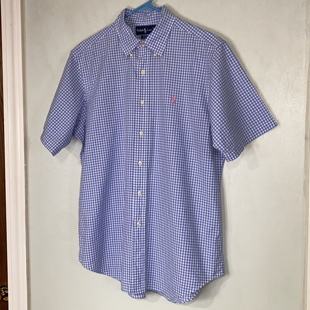 Ralph Lauren Classic Fit Short Sleeve Gingham Blue White Button Down 100% Cotton - Picture 3 of 12